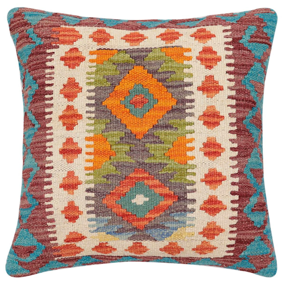 handmade Traditional Pillow Rust Blue Hand-Woven SQUARE 100% WOOL Hand woven turkish pillow2 x 2