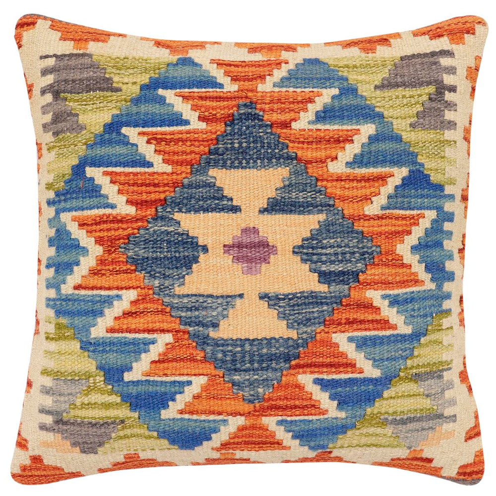 handmade Traditional Pillow Rust Blue Hand-Woven SQUARE 100% WOOL Hand woven turkish pillow2 x 2