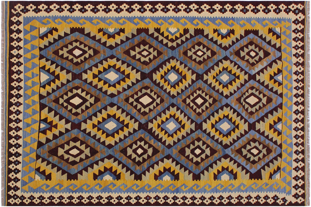 handmade Geometric Kilim Brown Blue Hand-Woven RECTANGLE 100% WOOL area rug 6 x 8