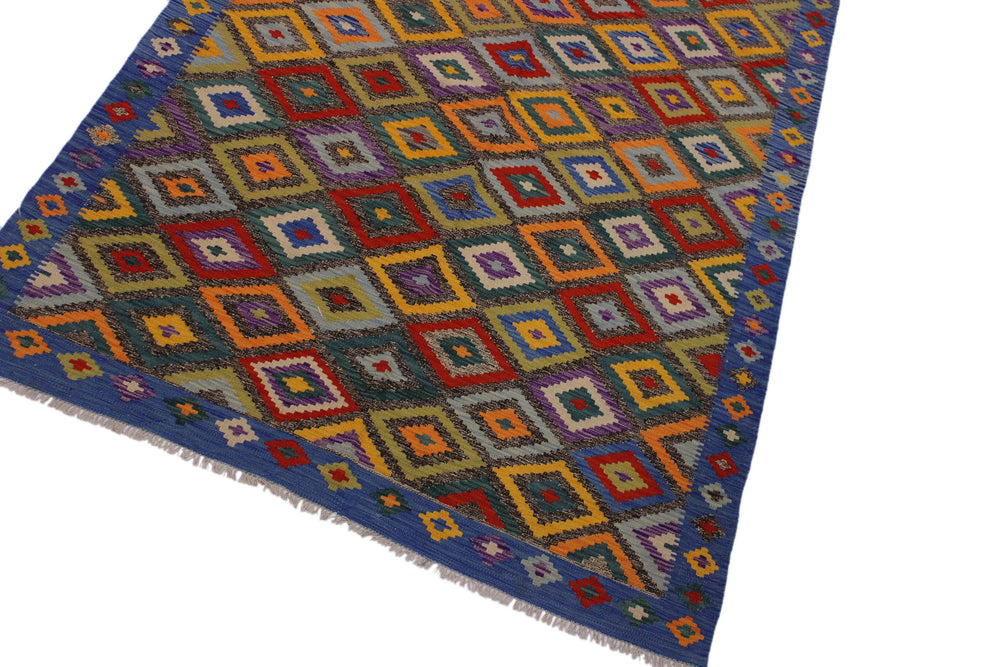 handmade Geometric Kilim Brown Blue Hand-Woven RECTANGLE 100% WOOL area rug 5 x 8