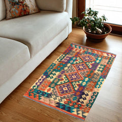 handmade Geometric Kilim Rust Green Hand-Woven RECTANGLE 100% WOOL area rug 3' x 5'