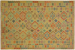 handmade Geometric Kilim Tan Blue Hand-Woven RECTANGLE 100% WOOL area rug 7 x 10