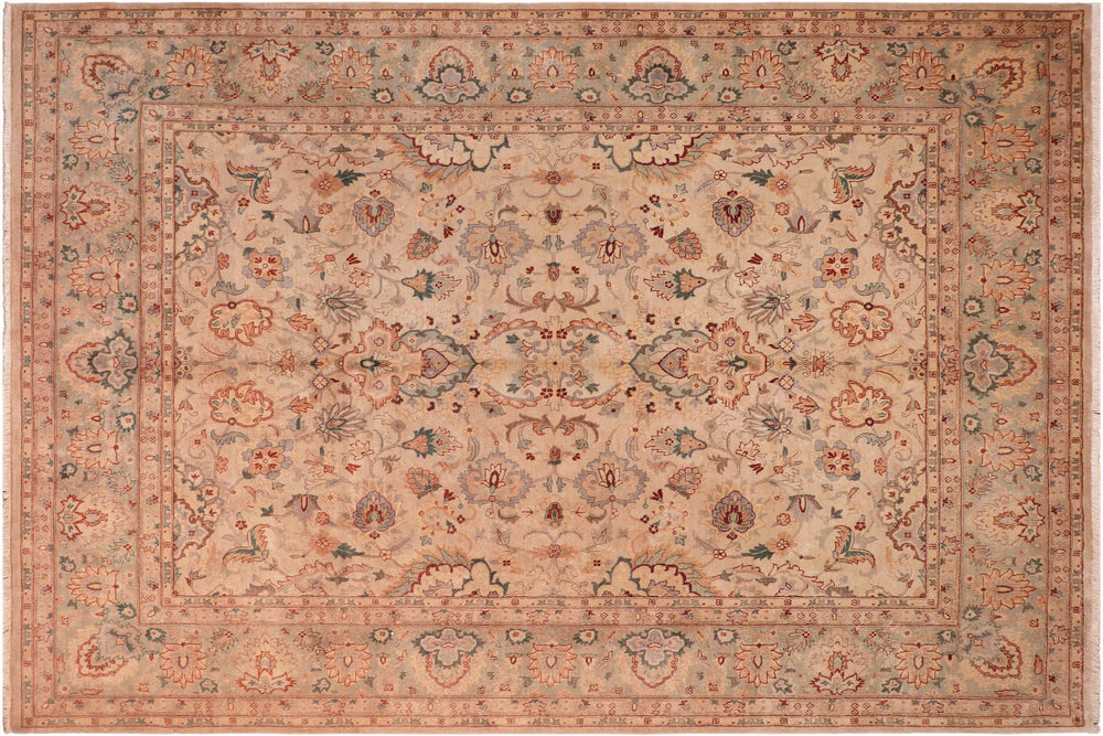 handmade Traditional Lahore Tan Green Hand Knotted RECTANGLE 100% WOOL area rug 8' x 10'