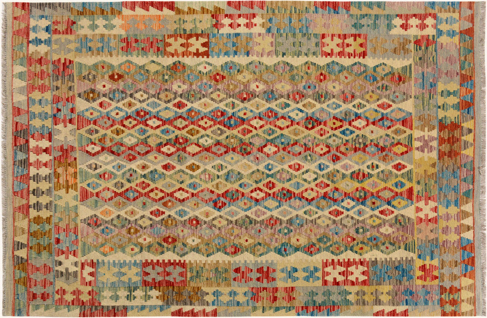 handmade Geometric Kilim Beige Blue Hand-Woven RECTANGLE 100% WOOL area rug 5 x 7