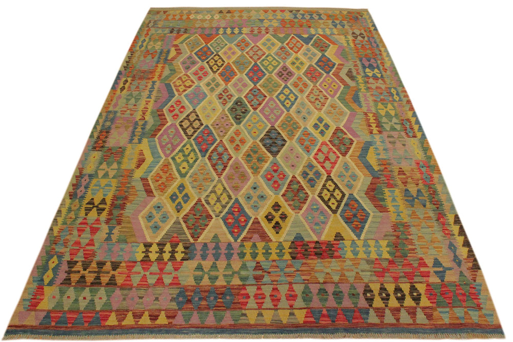 handmade Geometric Kilim Blue Beige Hand-Woven RECTANGLE 100% WOOL area rug 7 x 10