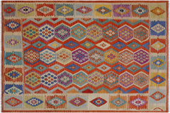 handmade Geometric Kilim Rust Beige Hand-Woven RECTANGLE 100% WOOL area rug 8 x 10