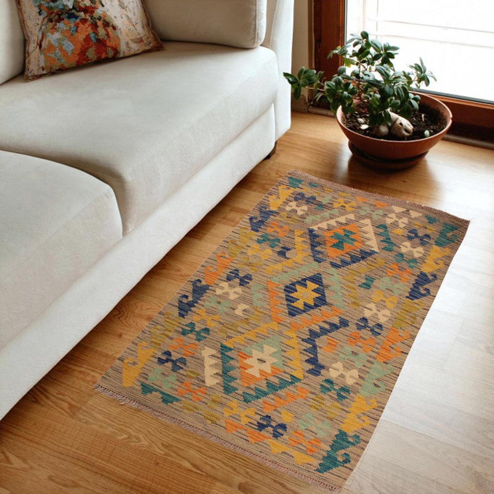 handmade Geometric Kilim Gray Gold Hand-Woven RECTANGLE 100% WOOL area rug 3 x 4