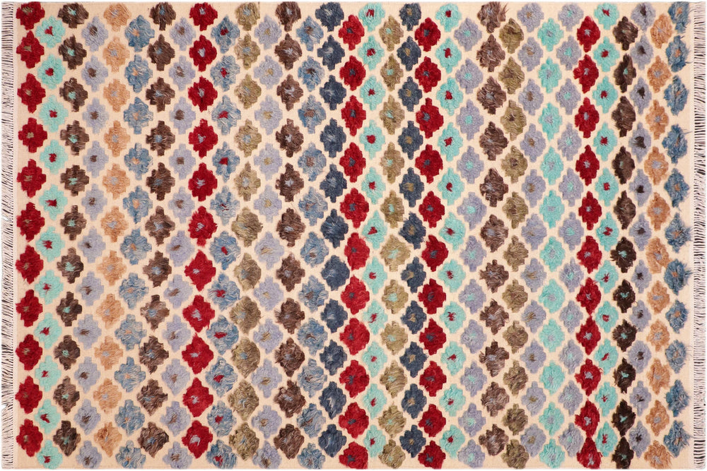 handmade Geometric Moroccan Hi Beige Blue Hand Knotted RECTANGLE 100% WOOL area rug 6' x 9'
