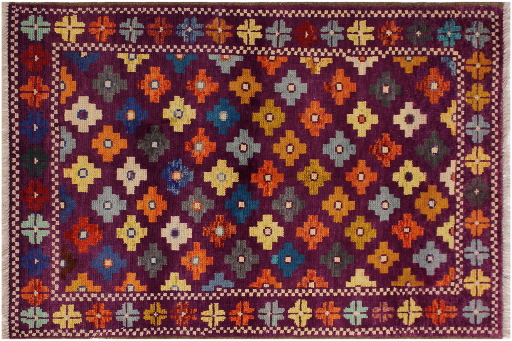 handmade Geometric Balouchi Purple Green Hand Knotted RECTANGLE 100% WOOL area rug 3x5