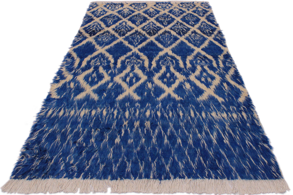 handmade Geometric Moroccan Blue Ivory Hand Knotted RECTANGLE 100% WOOL area rug 4' x 6'