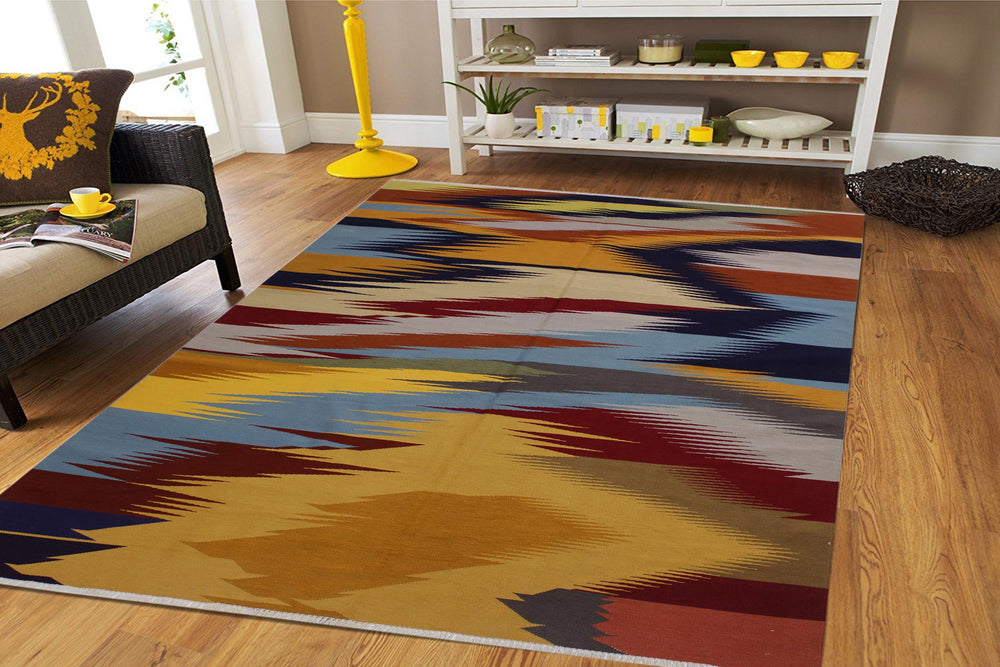 handmade Modern Kilim Gold Blue Hand-Woven RECTANGLE 100% WOOL area rug 6x9