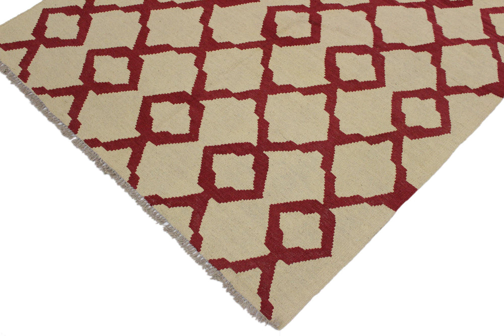 handmade Modern Kilim Beige Red Hand-Woven RECTANGLE 100% WOOL area rug 4' x 6'