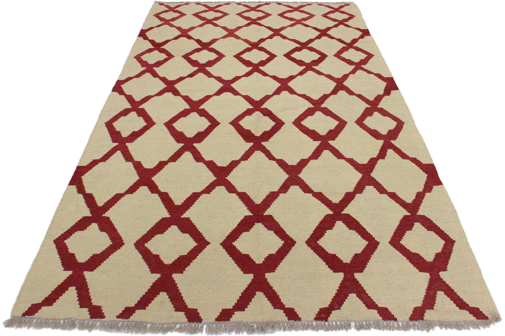 handmade Modern Kilim Beige Red Hand-Woven RECTANGLE 100% WOOL area rug 4' x 6'