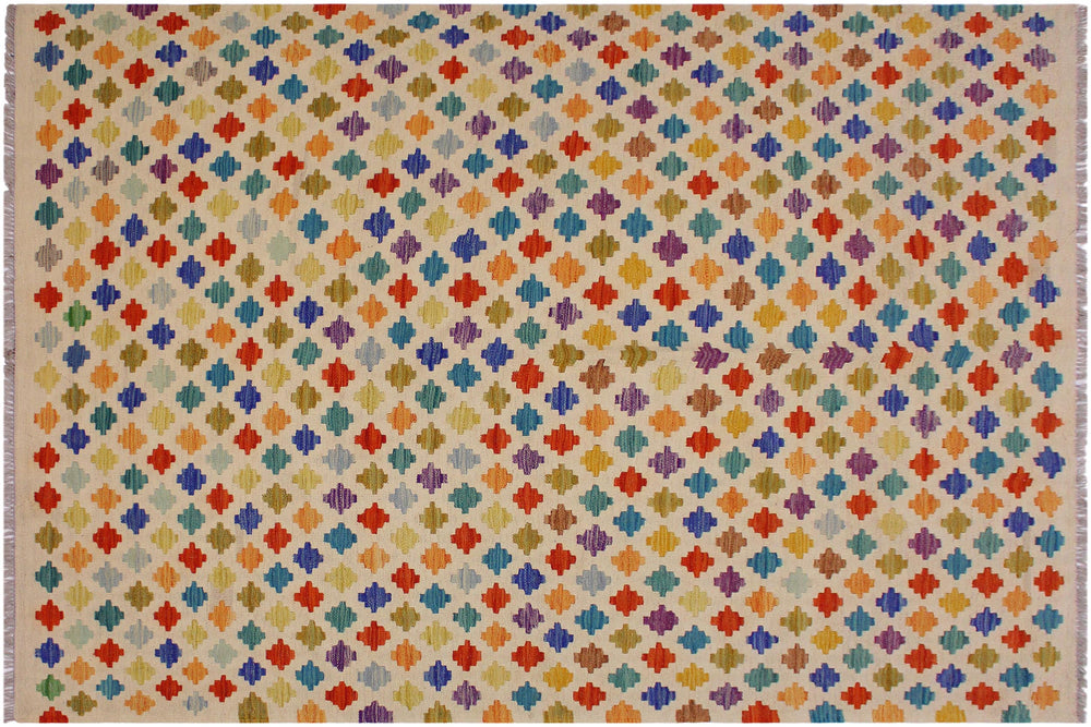 handmade Modern Kilim Beige Blue Hand-Woven RECTANGLE 100% WOOL area rug 5x8