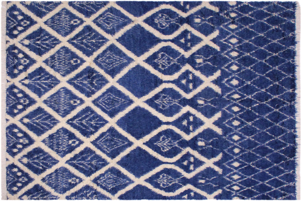 handmade Geometric Moroccan Blue Ivory Hand Knotted RECTANGLE 100% WOOL area rug 8' x 10'