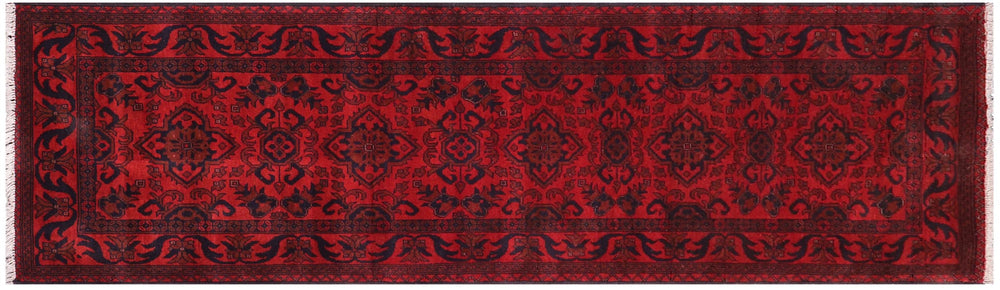handmade Geometric Khal Muhamm Drk. Red Black Hand Knotted RUNNER 100% WOOL area rug 3' x 10'