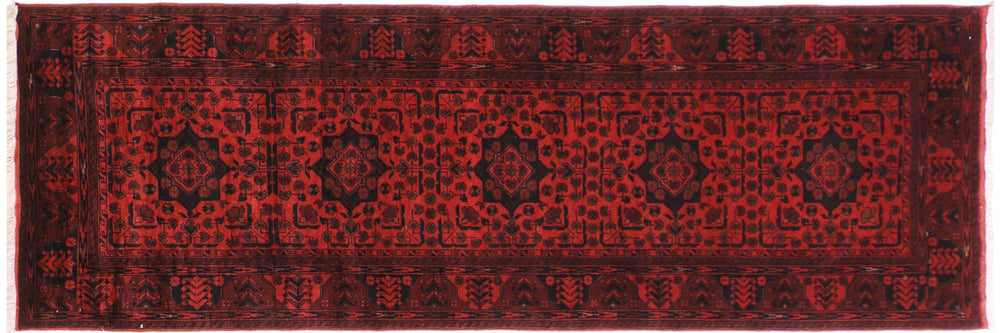 handmade Geometric Khal Muhamm Drk. Red Black Hand Knotted RUNNER 100% WOOL area rug 3' x 10'