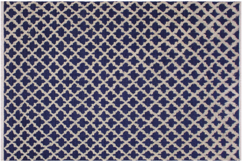 handmade Geometric Moroccan Hi Blue Ivory Hand Knotted RECTANGLE 100% WOOL area rug 10' x 12'