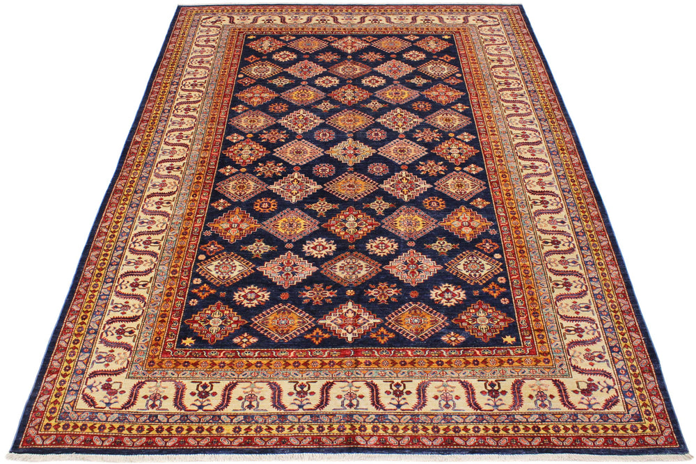 handmade Geometric Super Kazak Blue Beige Hand Knotted RECTANGLE 100% WOOL area rug 9' x 12'