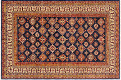 handmade Geometric Super Kazak Blue Beige Hand Knotted RECTANGLE 100% WOOL area rug 9' x 12'