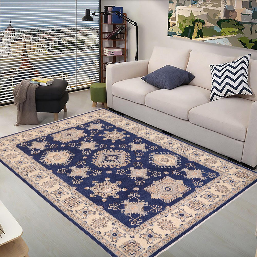 handmade Geometric Kafkaz Blue Beige Hand Knotted RECTANGLE 100% WOOL area rug 10' x 13'