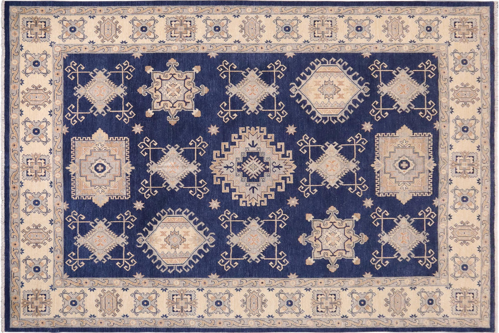 handmade Geometric Kafkaz Blue Beige Hand Knotted RECTANGLE 100% WOOL area rug 10' x 13'