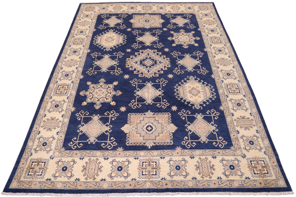 handmade Geometric Kafkaz Blue Beige Hand Knotted RECTANGLE 100% WOOL area rug 10' x 13'