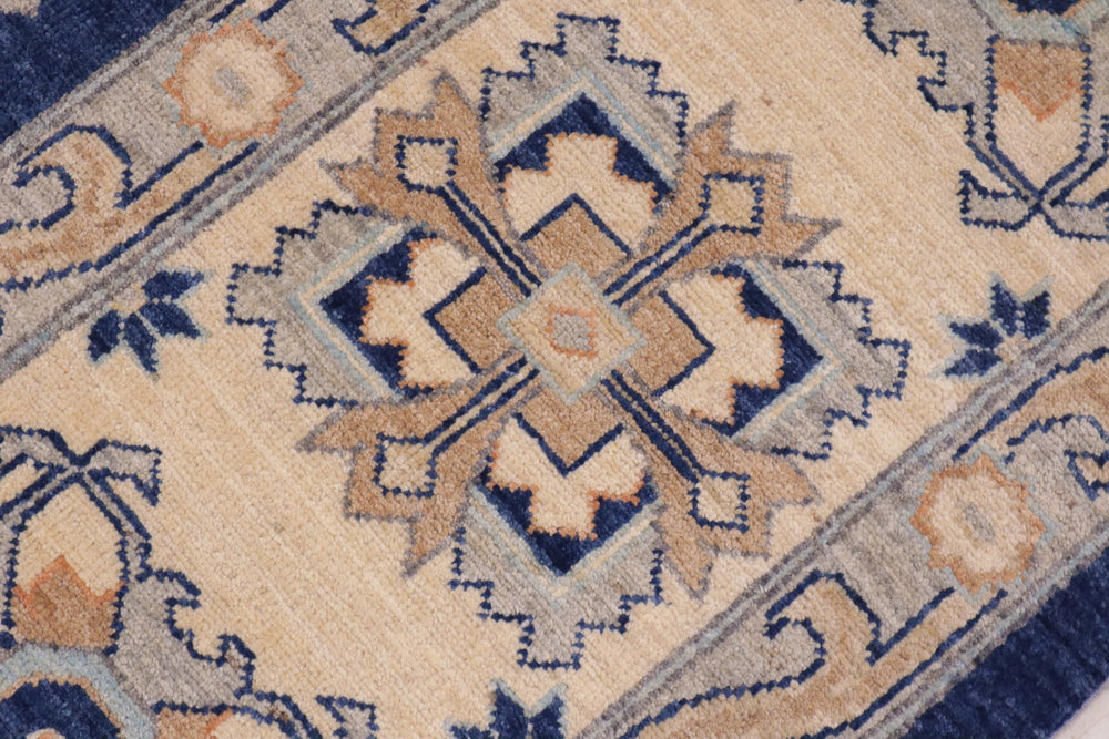 handmade Geometric Kafkaz Blue Beige Hand Knotted RECTANGLE 100% WOOL area rug 10' x 13'