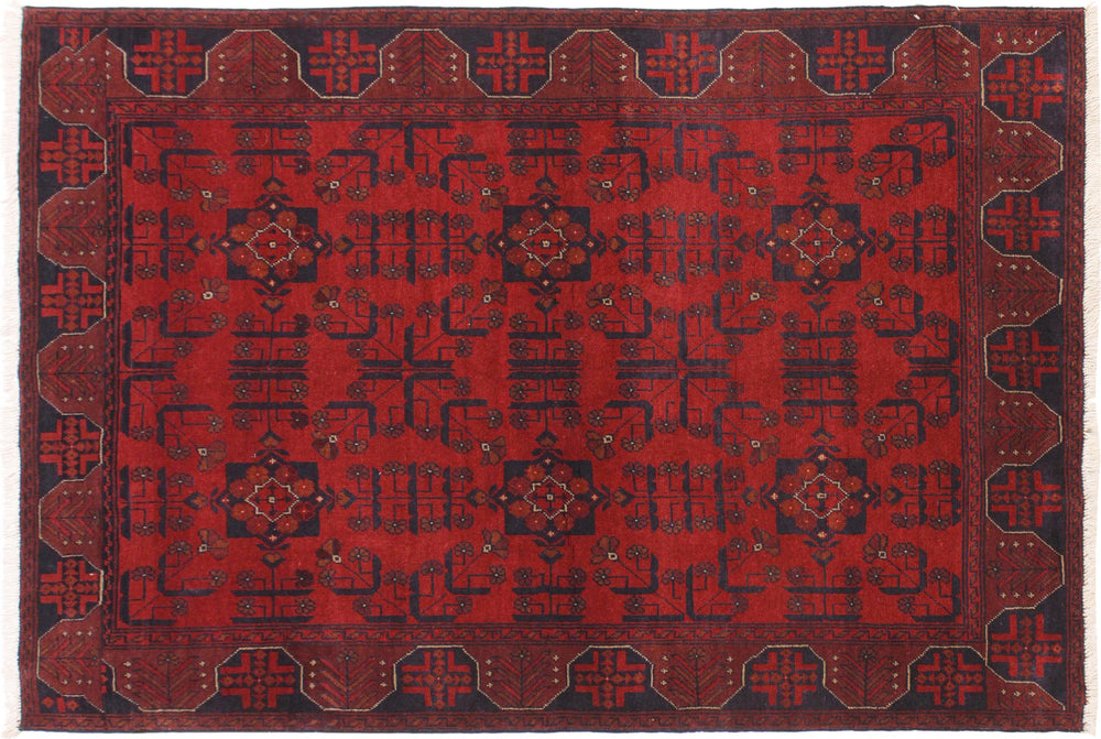 handmade Geometric Khal Muhamm Drk. Red Black Hand Knotted RECTANGLE 100% WOOL area rug 4' x 6'