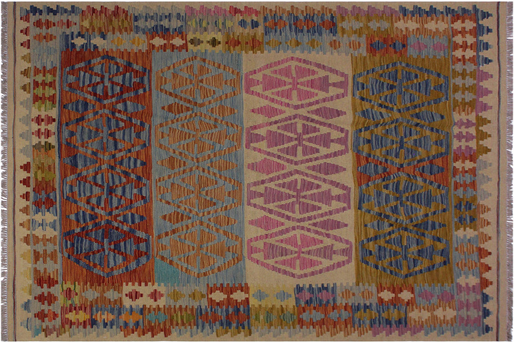 handmade Geometric Kilim Beige Blue Hand-Woven RECTANGLE 100% WOOL area rug 5 x 7