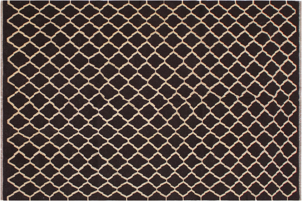 handmade Modern Kilim Black Ivory Hand-Woven RECTANGLE 100% WOOL area rug 7' x 10'