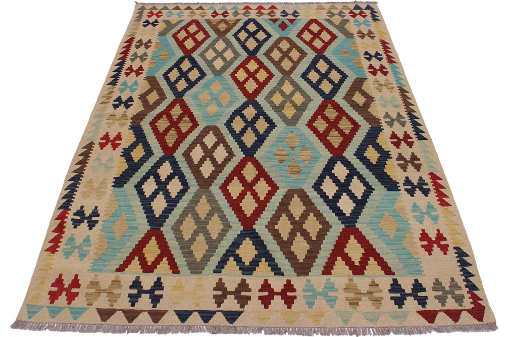 handmade Geometric Kilim Ivory Brown Hand-Woven RECTANGLE 100% WOOL area rug 5 x 7