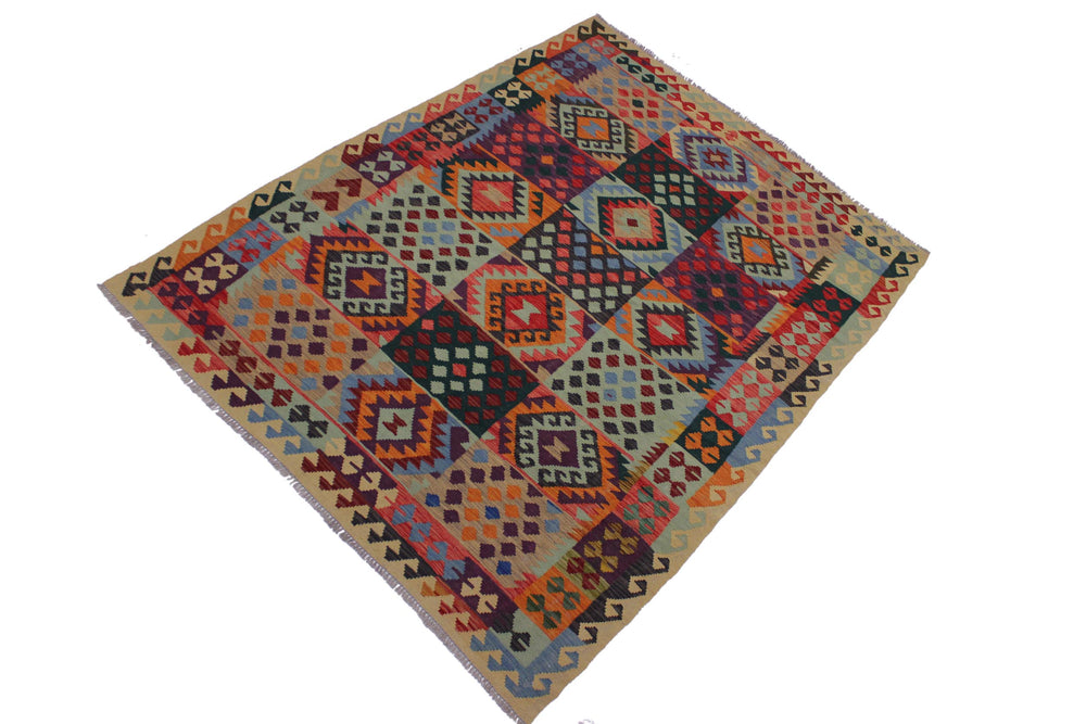 handmade Geometric Kilim Beige Blue Hand-Woven RECTANGLE 100% WOOL area rug 6 x 8