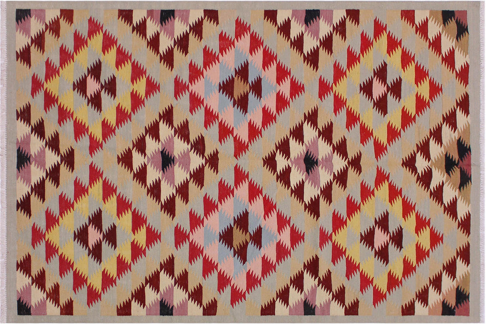 handmade Modern Kilim Gray Red Hand-Woven RECTANGLE 100% WOOL area rug 5 x 6