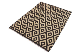 handmade Modern Kilim Black Ivory Hand-Woven RECTANGLE 100% WOOL area rug 6' x 8'