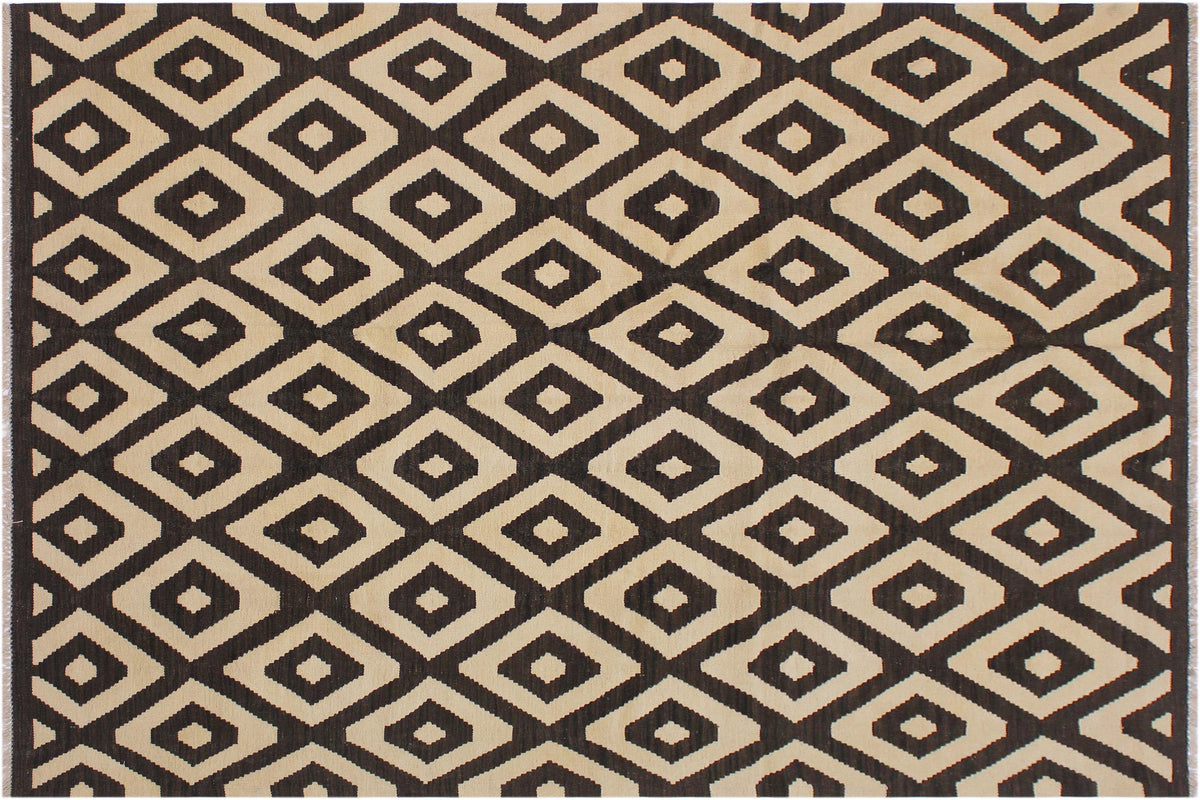 handmade Modern Kilim Black Ivory Hand-Woven RECTANGLE 100% WOOL area rug 6' x 8'