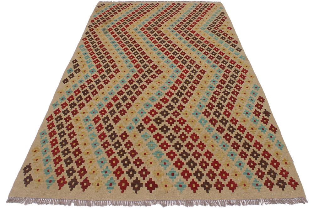 handmade Modern Kilim Tan Red Hand-Woven RECTANGLE 100% WOOL area rug 5x7