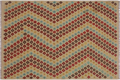 handmade Modern Kilim Tan Red Hand-Woven RECTANGLE 100% WOOL area rug 5x7