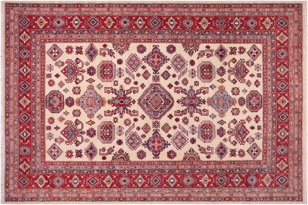 handmade Geometric Super Kazak Beige Red Hand Knotted RECTANGLE 100% WOOL area rug 8' x 10'