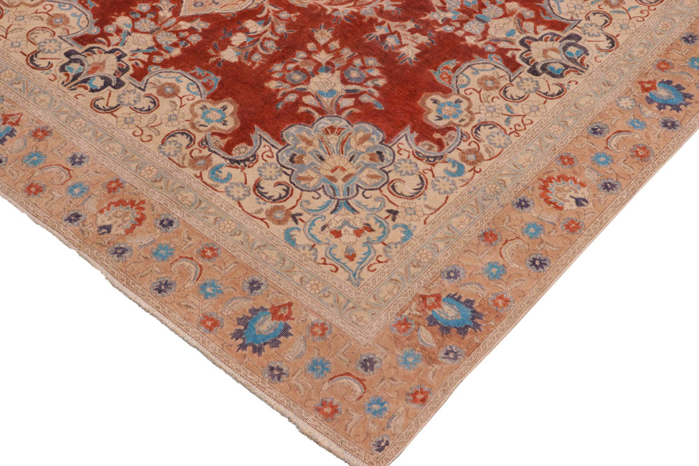 handmade Vintage Hand Painte Red Tan Hand Knotted RECTANGLE 100% WOOL area rug 10' x 14'