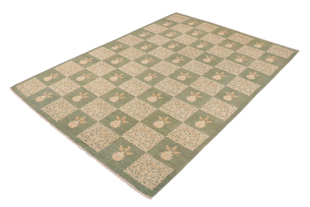 handmade Modern Kafkaz Green Beige Hand Knotted RECTANGLE 100% WOOL area rug 10' x 13'