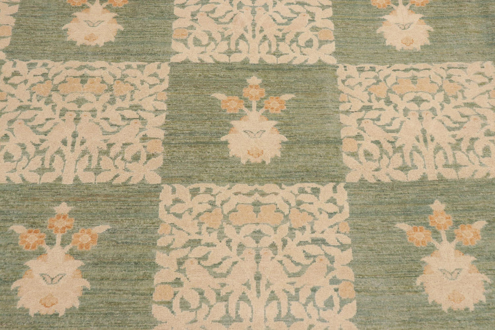 handmade Modern Kafkaz Green Beige Hand Knotted RECTANGLE 100% WOOL area rug 10' x 13'