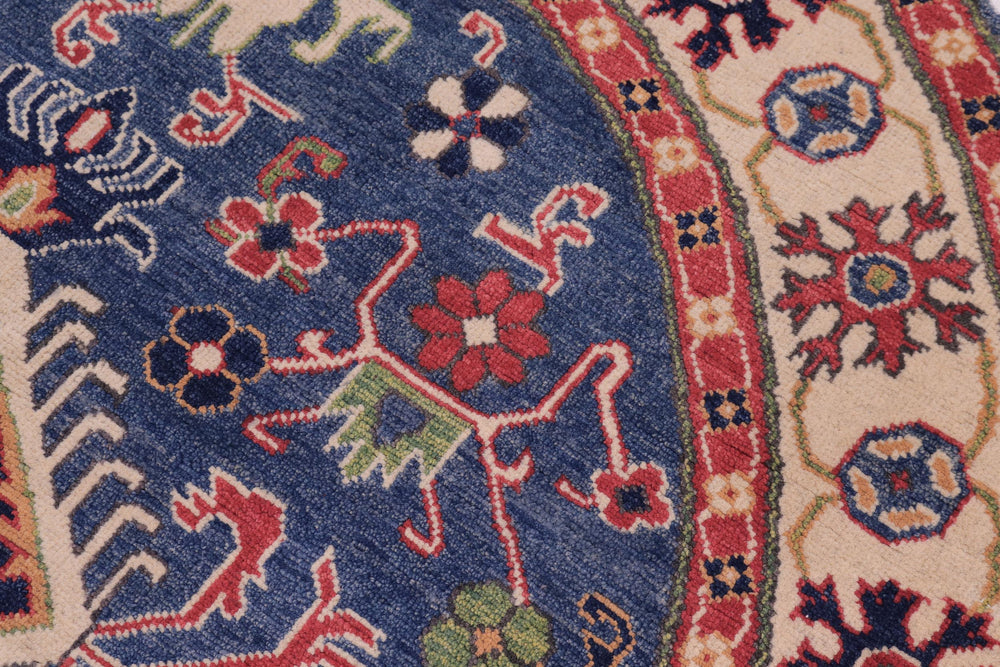 handmade Geometric Kazak Blue Ivory Hand Knotted ROUND 100% WOOL area rug 5x5