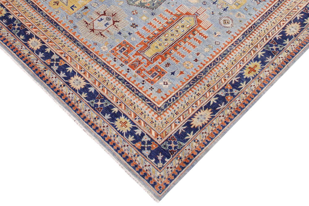 handmade Geometric Kafkaz Lt. Blue Tan Hand Knotted RECTANGLE 100% WOOL area rug 9' x 12'