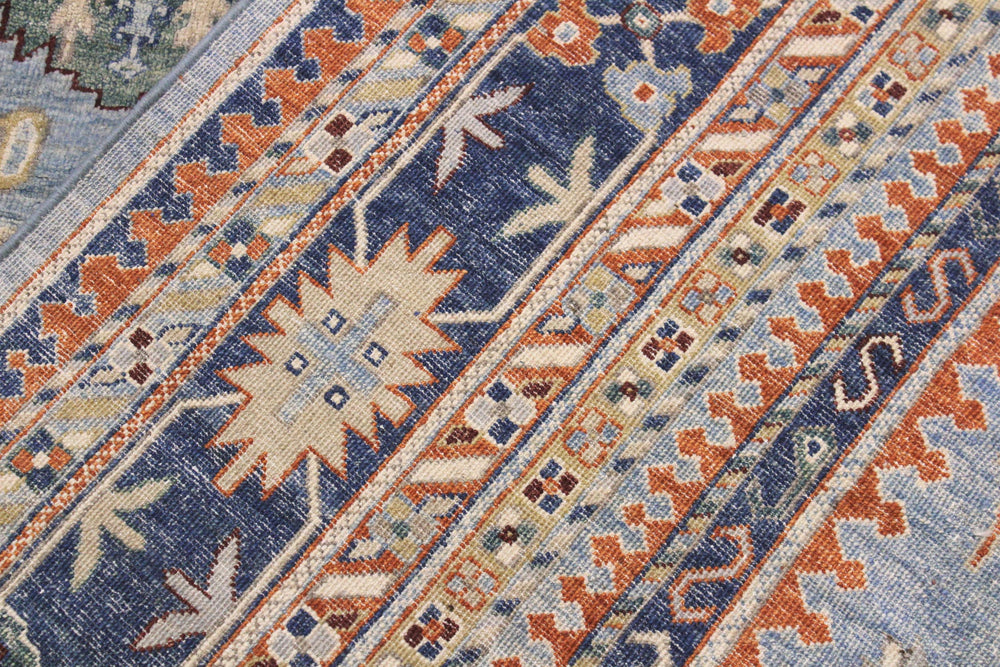 handmade Geometric Kafkaz Lt. Blue Tan Hand Knotted RECTANGLE 100% WOOL area rug 9' x 12'