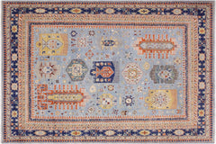 handmade Geometric Kafkaz Lt. Blue Tan Hand Knotted RECTANGLE 100% WOOL area rug 9' x 12'