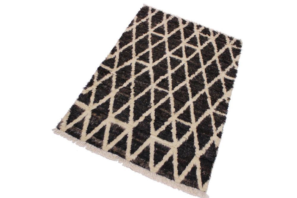 handmade Geometric Moroccan Dark Brown Ivory Hand Knotted RECTANGLE 100% WOOL area rug 4' x 6'