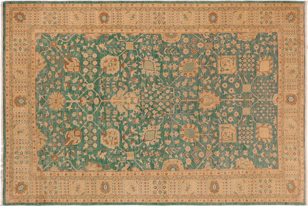 handmade Transitional Kafkaz Green Tan Hand Knotted RECTANGLE 100% WOOL area rug 10' x 14'