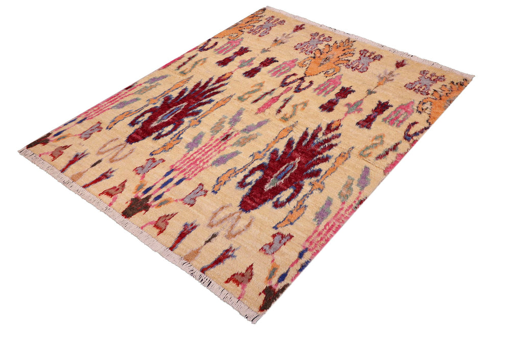 handmade Geometric Moroccan Lt. Gold Red Hand Knotted RECTANGLE 100% WOOL area rug 5' x 7'