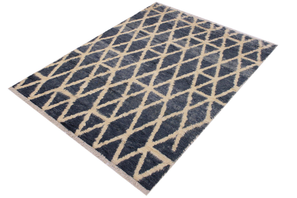handmade Geometric Moroccan Grey Ivory Hand Knotted RECTANGLE 100% WOOL area rug 5' x 8'